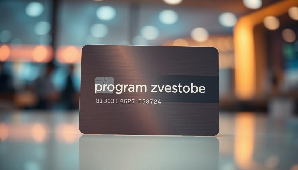 A vibrant and modern credit card with the text "program zvestobe" prominently displayed in the center. The card has a sleek, metallic finish with a minimalist design featuring clean lines and a subtle pattern in the background. The lighting casts a warm, inviting glow, highlighting the card's elegant details. The composition places the card in the foreground, with a blurred, out-of-focus background suggesting a financial or banking setting. The overall mood is one of sophistication, innovation, and the promise of rewards and loyalty programs.