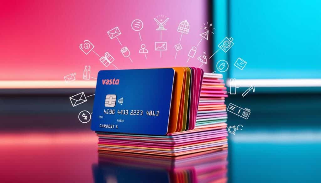 A vibrant and visually captivating image showcasing the allure of credit card rewards and bonuses. Set against a sleek, modern backdrop, a stack of colorful credit cards takes center stage, their metallic surfaces gleaming under carefully positioned lighting. Surrounding the cards, a constellation of elegant icons and graphical elements, each representing a unique reward or benefit, creates a sense of dynamic energy and financial opportunity. The composition is balanced, with a clean and sophisticated aesthetic that evokes a sense of prestige and financial savvy. The overall mood is one of sophistication, exclusivity, and the promise of enhanced value for the discerning credit card holder.