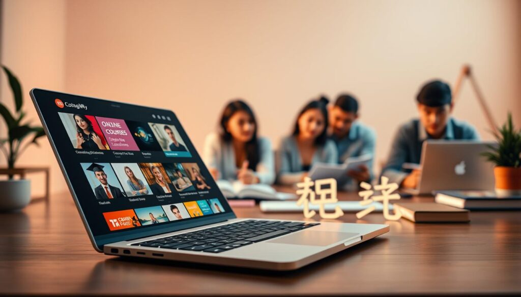 A vibrant and visually striking image of "คอร์สออนไลน์", showcasing an online learning platform with a modern and inviting interface. The foreground features a sleek laptop or tablet device displaying various course thumbnails and icons, conveying the wide range of educational options available. The middle ground highlights a group of diverse learners, each engrossed in their studies, reflecting the inclusive and engaging nature of the online courses. The background sets the scene with a minimalist, yet stylish workspace, bathed in warm, soft lighting that creates a calming and productive atmosphere. The overall composition should evoke a sense of empowerment, knowledge, and the convenience of learning from the comfort of one's own space.