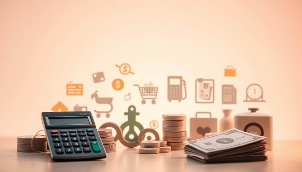 A vibrant array of financial icons and symbols against a clean, minimalist background, illuminated by soft, warm lighting. In the foreground, a credit card, calculator, and dollar bills representing eligible cashback expenses. In the middle ground, icons like a shopping cart, gas pump, and restaurant bill depict various spending categories. In the background, a subtle gradient or textured surface adds depth and visual interest. The overall composition should convey a sense of order, organization, and the financial benefits of the Novo Banco Branco cashback program. A vibrant array of financial icons and symbols against a clean, minimalist background, illuminated by soft, warm lighting. In the foreground, a credit card, calculator, and dollar bills representing eligible cashback expenses. In the middle ground, icons like a shopping cart, gas pump, and restaurant bill depict various spending categories. In the background, a subtle gradient or textured surface adds depth and visual interest. The overall composition should convey a sense of order, organization, and the financial benefits of the Novo Banco Branco cashback program.