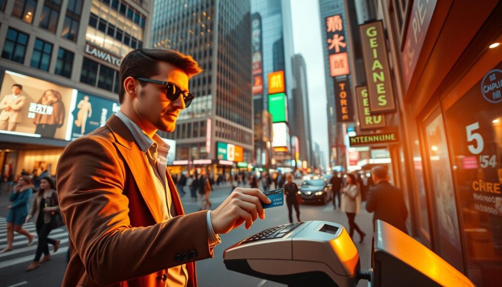 A vibrant, bustling city street captured in a wide-angle lens, with a stylishly dressed individual making a payment using a credit card at a modern point-of-sale terminal. The scene is bathed in warm, directional lighting, casting long shadows and highlighting the sleek, metallic surfaces of the card reader. In the background, a blend of high-rise buildings, neon signs, and a busy flow of pedestrians and vehicles create a dynamic urban atmosphere, conveying the international and cosmopolitan nature of the setting. The overall composition emphasizes the seamless, effortless integration of digital payment technology into the everyday fabric of global commerce and travel. A vibrant, bustling city street captured in a wide-angle lens, with a stylishly dressed individual making a payment using a credit card at a modern point-of-sale terminal. The scene is bathed in warm, directional lighting, casting long shadows and highlighting the sleek, metallic surfaces of the card reader. In the background, a blend of high-rise buildings, neon signs, and a busy flow of pedestrians and vehicles create a dynamic urban atmosphere, conveying the international and cosmopolitan nature of the setting. The overall composition emphasizes the seamless, effortless integration of digital payment technology into the everyday fabric of global commerce and travel.