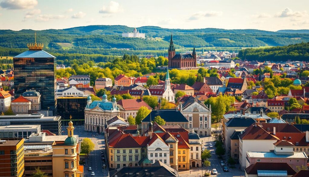 A vibrant cityscape of Tallinn, the capital of Estonia, with a focus on various investment opportunities. In the foreground, modern high-rise buildings and bustling streets, showcasing the thriving business and financial districts. In the middle ground, historic landmarks like the Old Town and Toompea Hill, representing Estonia's rich cultural heritage. In the background, lush green forests and rolling hills, hinting at the country's natural resources and scenic landscapes. The scene is bathed in warm, golden sunlight, casting a sense of prosperity and optimism. The overall atmosphere conveys a blend of modernity, tradition, and the promise of lucrative investment prospects in this dynamic European nation.