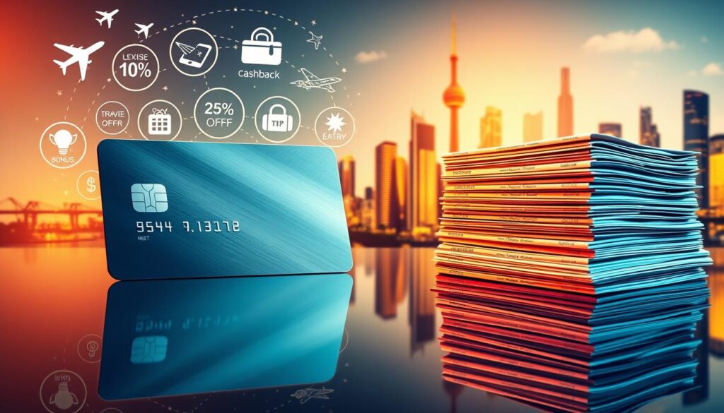 A vibrant collage showcasing the diverse benefits of a credit card, captured in a crisp, modern composition. In the foreground, a sleek metal card casts a dynamic reflection, surrounded by a constellation of shimmering icons representing various rewards and perks - airline miles, cashback, exclusive discounts, and travel upgrades. The midground features a stacked array of credit card statements, each highlighting enticing offers and lucrative bonuses. The background depicts a stylized cityscape, hinting at the financial freedom and convenience that credit card ownership can provide. Warm, directional lighting illuminates the scene, evoking a sense of prestige and opportunity. The overall atmosphere is one of sophistication, innovation, and the promise of maximizing personal financial benefits.