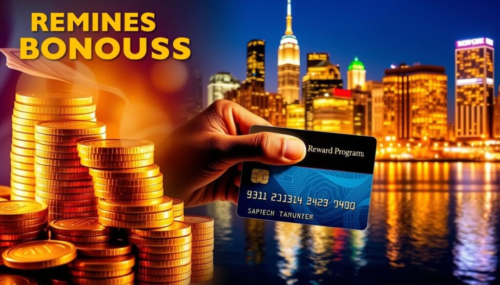 A vibrant collage showcasing various financial rewards and bonuses. In the foreground, a stack of gold coins and bills, illuminated by warm, golden lighting. In the middle ground, a person's hand reaching out to grasp a credit card with a shimmering reward program logo. In the background, a city skyline at night, with skyscrapers and neon signs reflecting off a calm, glimmering river. The overall composition conveys a sense of financial opportunity, growth, and the maximization of rewards.