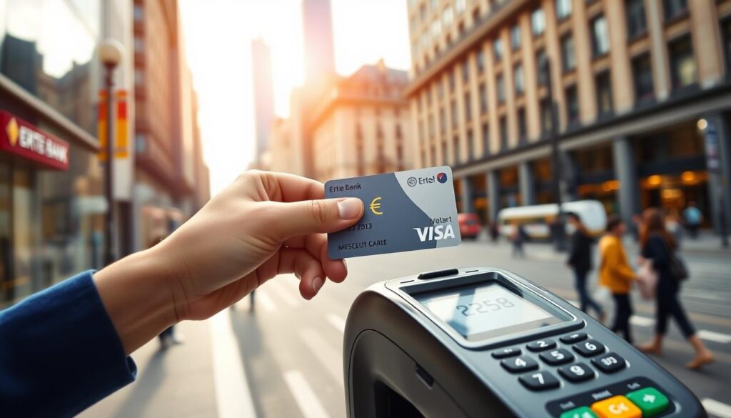 A vibrant, contemporary scene of making payments in euros. In the foreground, a person's hand holds a contactless payment card, the Erste Bank Visa Debit card, poised above a sleek, modern payment terminal. The terminal's screen displays the euro currency symbol, reflecting the ease of using this card across borders. The middle ground features a variety of international currencies, representing the card's versatility. The background depicts a bustling city street, with skyscrapers and pedestrians, conveying a sense of global connectivity and convenience. Warm, natural lighting illuminates the scene, creating a welcoming and reliable atmosphere for seamless, borderless transactions.