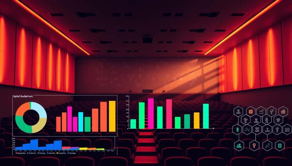 A vibrant, data-driven auditorium segmentation visualization. In the foreground, a series of colorful, dynamic pie charts and bar graphs illustrate key audience metrics and engagement patterns. The middle ground features a sleek, minimalist auditorium interior, bathed in warm, directional lighting that casts dramatic shadows. In the background, a subtle grid of hexagonal data cells creates a sense of depth and technological sophistication. The overall composition conveys a balance of analytical rigor and visual appeal, perfectly suited to inform strategic decisions around audience growth and scalability.