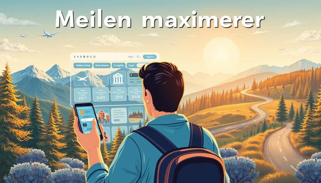 A vibrant, detailed illustration of "Meilen maximieren" (Maximizing miles) for a premium travel rewards program. The foreground showcases a person eagerly collecting various rewards, such as airline miles, credit card points, and discount coupons, using a mobile app or website. The middle ground features a sleek, modern interface displaying different ways to earn and redeem miles, including travel bookings, purchases, and promotions. The background depicts a serene, scenic landscape with mountains, forests, and a winding road, symbolizing the journey and experiences enabled by the accumulated miles. The lighting is warm and inviting, creating a sense of aspiration and opportunity. The overall composition conveys the excitement and satisfaction of maximizing travel rewards for a premium lifestyle. A vibrant, detailed illustration of "Meilen maximieren" (Maximizing miles) for a premium travel rewards program. The foreground showcases a person eagerly collecting various rewards, such as airline miles, credit card points, and discount coupons, using a mobile app or website. The middle ground features a sleek, modern interface displaying different ways to earn and redeem miles, including travel bookings, purchases, and promotions. The background depicts a serene, scenic landscape with mountains, forests, and a winding road, symbolizing the journey and experiences enabled by the accumulated miles. The lighting is warm and inviting, creating a sense of aspiration and opportunity. The overall composition conveys the excitement and satisfaction of maximizing travel rewards for a premium lifestyle.