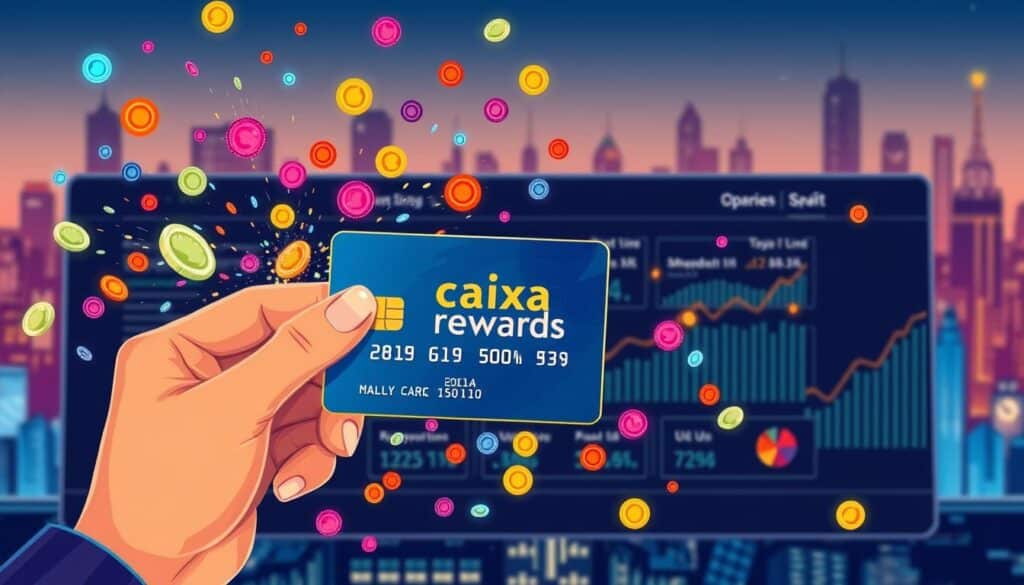 A vibrant, detailed illustration showcasing the accumulation of Caixa Rewards points. In the foreground, a person's hand holds a credit card, the Caixa Rewards logo prominently displayed. Surrounding the card, a flurry of colorful, animated points swirls and dances, each one shimmering with a unique pattern and hue. The middle ground features a sleek, modern interface with statistics and graphics demonstrating the growth of the user's Caixa Rewards balance. In the background, a stylized cityscape or financial skyline sets the scene, conveying a sense of progress, achievement, and the tangible benefits of the Caixa Rewards program. A vibrant, detailed illustration showcasing the accumulation of Caixa Rewards points. In the foreground, a person's hand holds a credit card, the Caixa Rewards logo prominently displayed. Surrounding the card, a flurry of colorful, animated points swirls and dances, each one shimmering with a unique pattern and hue. The middle ground features a sleek, modern interface with statistics and graphics demonstrating the growth of the user's Caixa Rewards balance. In the background, a stylized cityscape or financial skyline sets the scene, conveying a sense of progress, achievement, and the tangible benefits of the Caixa Rewards program.