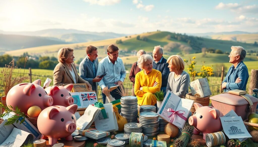 A vibrant, detailed scene depicting different forms of pension savings for Swedish people. In the foreground, a diverse array of financial instruments like piggy banks, retirement accounts, and investment portfolios are prominently displayed, conveying the various options available. The middle ground showcases a group of people of different ages and backgrounds, each engaged in thoughtful discussion about their retirement planning. The background features a serene, pastoral landscape with rolling hills and a soft, diffused lighting, creating a sense of security and tranquility. The overall mood is one of careful consideration, financial responsibility, and optimism towards a secure financial future.