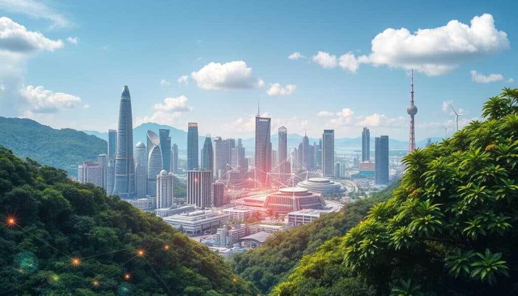 A vibrant digital economy landscape, with a futuristic cityscape of skyscrapers and tech hubs nestled amidst lush greenery. In the foreground, a dynamic network of interconnected digital devices and interfaces, pulsing with data streams and digital transactions. The middle ground features emerging technologies like AI, robotics, and cloud computing, their intricate mechanisms blending seamlessly into the urban fabric. The background showcases Thailand 4.0 initiatives, with renewable energy sources and smart infrastructure supporting a sustainable, technology-driven economy. The scene is bathed in a warm, optimistic glow, conveying the promise and potential of Thailand's digital transformation.