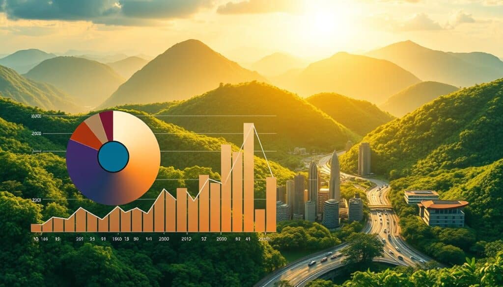 A vibrant digital illustration depicting Thailand's economic forecast. Set against a backdrop of lush, verdant landscapes, the composition features a dynamic infographic displaying key economic indicators and projections. The foreground showcases a polished pie chart, line graph, and bar chart, meticulously rendered in a sleek, modern style to convey the complexities of Thailand's economic trends. The middle ground features silhouettes of bustling cityscapes, with skyscrapers and busy streets, hinting at the thriving urban centers driving the nation's economic growth. The background is bathed in a warm, golden light, creating a sense of optimism and prosperity. The overall aesthetic blends data visualization with an immersive, visually striking environment, capturing the essence of Thailand's economic future.