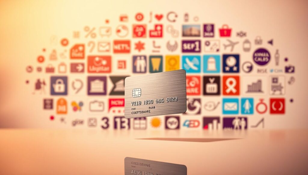 A vibrant display of special offers and exclusive experiences for Danish credit card holders. In the foreground, a sleek credit card with a minimalist design hovers against a soft, blurred background. The card casts a subtle reflection, creating a sense of depth and sophistication. Behind it, a collage of icons and symbols representing various benefits and perks, such as discounts, event tickets, and travel upgrades, are arranged in a visually striking, geometric pattern. The overall scene is bathed in warm, golden lighting, conveying a sense of luxury and privilege. The composition is balanced and symmetrical, creating a sense of harmony and elegance that reflects the premium nature of the credit card offerings.