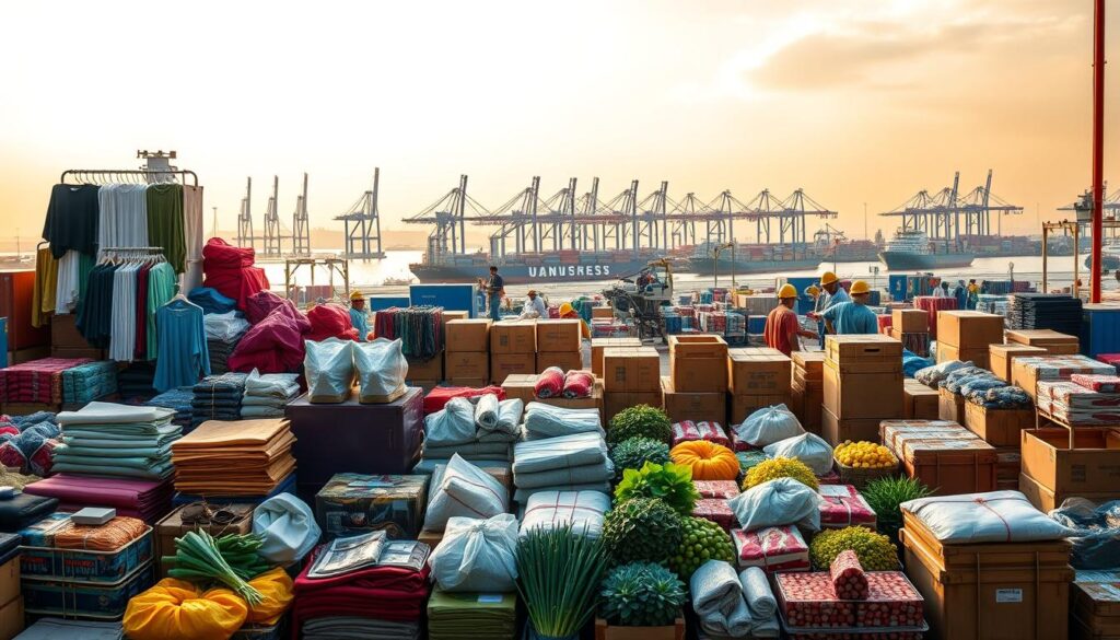 A vibrant, dynamic scene showcasing Thailand's thriving export industries. In the foreground, a diverse array of high-quality products - textiles, electronics, agricultural goods, and more - are carefully arranged against a softly diffused background. The middle ground features industrial machinery, crates, and workers diligently preparing shipments, conveying the efficiency and precision of the export process. In the distance, a bustling port with towering cranes and cargo ships evokes the global reach and connectivity of Thailand's export economy. The lighting is warm and inviting, accentuating the rich colors and textures of the merchandise. An overall sense of dynamism, productivity, and pride in Thai craftsmanship permeates the image.