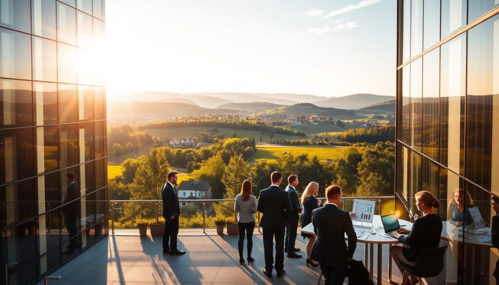 A vibrant financial landscape of Slovenia, with a focus on tax incentives and benefits for businesses. In the foreground, a sleek and modern office building, its glass facade reflecting the sun's warm glow. In the middle ground, a group of professionals discussing tax strategies, surrounded by charts and financial documents. In the background, the picturesque Slovenian countryside, with rolling hills and lush greenery, symbolizing the country's prosperous economic environment. The scene is illuminated by a soft, natural light, conveying a sense of efficiency and opportunity. The overall mood is one of optimism and financial well-being, inviting the viewer to explore the tax-saving possibilities available to Slovenian enterprises.