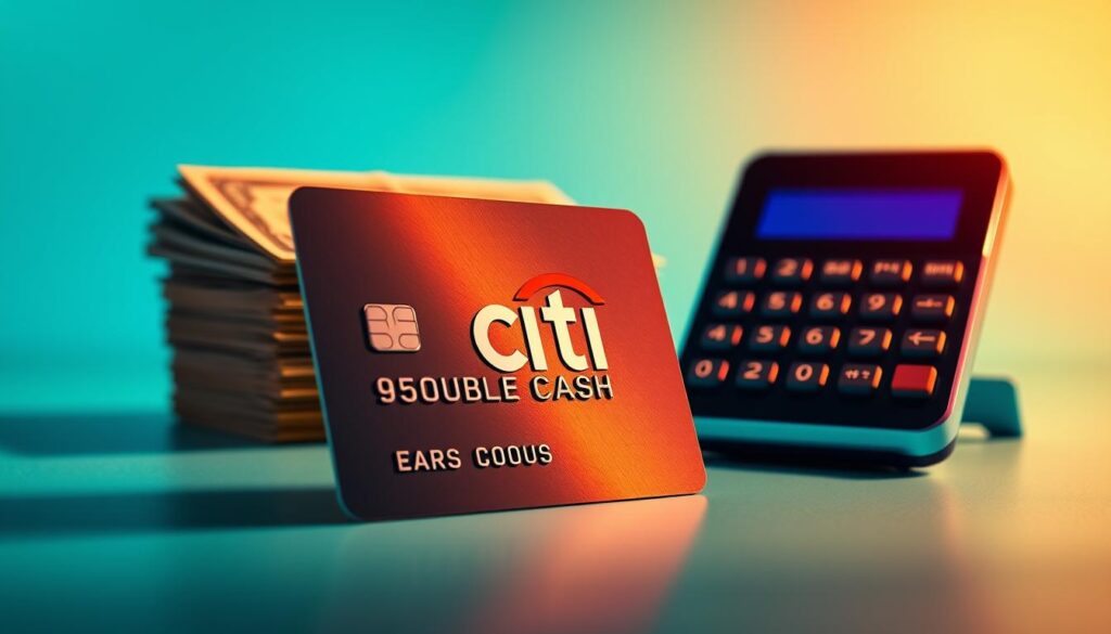 A vibrant, high-contrast image showcasing the "maximize Citi Double Cash" concept. In the foreground, a shiny metal credit card with the Citi Double Cash logo glistens under warm, directional lighting, casting dynamic shadows. The middle ground features a stack of crisp dollar bills and a modern, minimalist calculator, hinting at the earning and paying aspects of the card. The background has a clean, abstract gradient in shades of blue and green, creating a sleek, futuristic atmosphere. The overall composition and color palette convey a sense of financial growth, efficiency, and the opportunity to maximize rewards. A vibrant, high-contrast image showcasing the "maximize Citi Double Cash" concept. In the foreground, a shiny metal credit card with the Citi Double Cash logo glistens under warm, directional lighting, casting dynamic shadows. The middle ground features a stack of crisp dollar bills and a modern, minimalist calculator, hinting at the earning and paying aspects of the card. The background has a clean, abstract gradient in shades of blue and green, creating a sleek, futuristic atmosphere. The overall composition and color palette convey a sense of financial growth, efficiency, and the opportunity to maximize rewards.