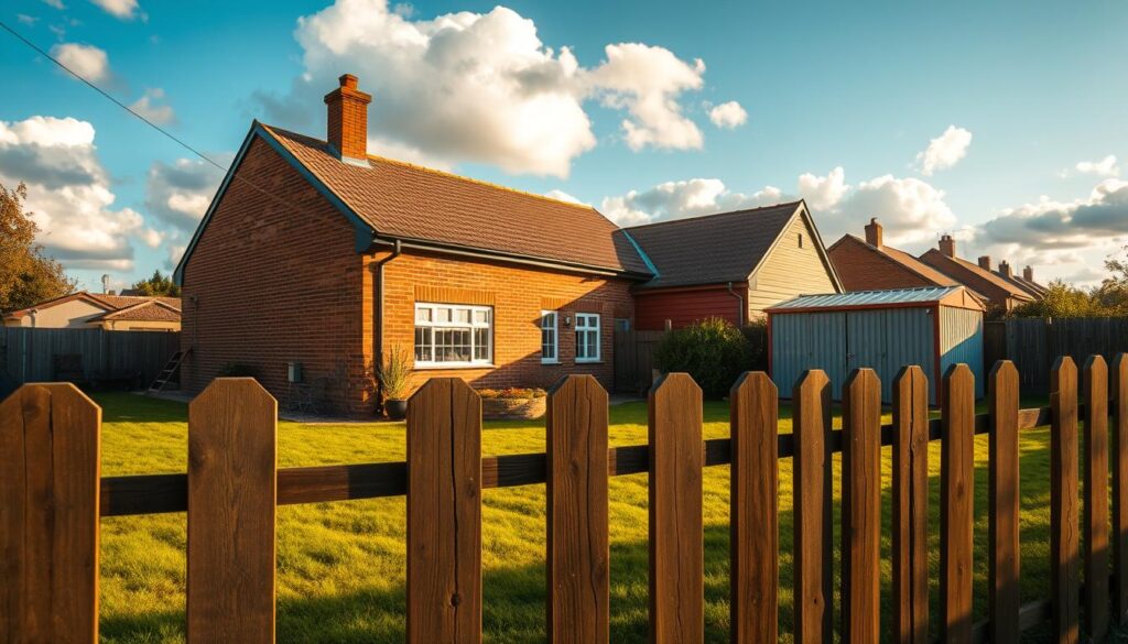 A vibrant, high-resolution image of a sturdy, brick-built house with a well-maintained garden and a metal-roofed shed in the backyard. The house is bathed in warm, golden sunlight, casting long shadows across the neatly trimmed lawn. In the foreground, a wooden fence encloses the property, its planks weathered but solid. The sky above is a serene blue, dotted with fluffy, white clouds. The overall scene conveys a sense of security, stability, and financial protection, reflecting the theme of "financial protection" for a personal budgeting article.