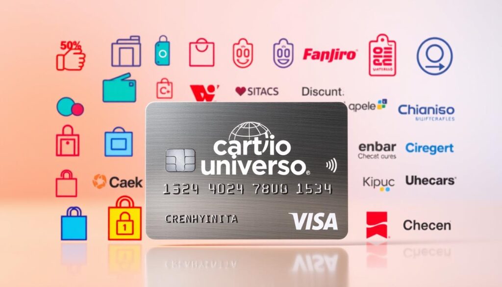 A vibrant, high-resolution image of various discounts and offers from the Cartão Universo credit card program. The foreground features a sleek, metallic credit card with the Cartão Universo logo prominently displayed. Surrounding the card are several colorful icons and graphics depicting different types of discounts, such as percentage signs, shopping bags, and discount tags. The middle ground showcases various logos and brand names of partner stores and retailers that offer exclusive discounts to Cartão Universo cardholders. The background is a soft, blurred gradient that creates a sense of depth and focus on the key elements. The overall composition conveys a modern, sophisticated, and visually appealing representation of the discounts and partnerships associated with the Cartão Universo credit card.