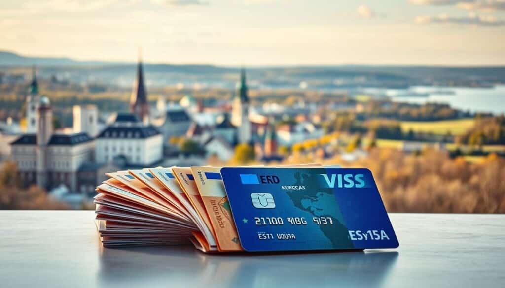 A vibrant, high-resolution image showcasing the concept of "cashback" in an Estonian setting. In the foreground, a stack of Estonian kroons and euro banknotes with a credit card prominently displayed, casting a warm, inviting glow. The middle ground features a sleek, modern Estonian cityscape, with distinctive architecture and landmarks visible. In the background, a serene, picturesque Estonian landscape with rolling hills, forests, and a glimpse of the Baltic Sea. The overall mood is one of financial security, prosperity, and the unique Estonian identity. Lighting is soft and natural, with a subtle cinematic quality. The camera angle is slightly elevated, creating a sense of depth and emphasizing the key elements.