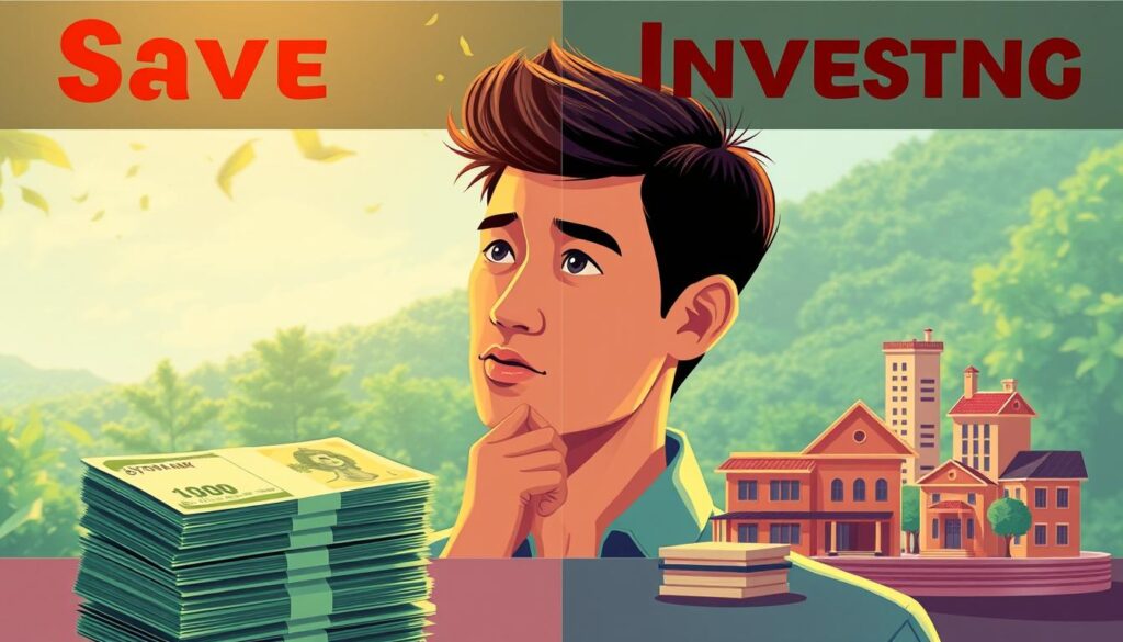A vibrant illustration contrasting the concepts of saving (pag-iimpok) and investing (pamumuhunan). In the foreground, a stack of Philippine peso bills symbolizes saving, cast in warm, golden light. In the middle ground, a person thoughtfully considers investment options - stocks, bonds, and real estate models - rendered in intricate detail under a cool, diffuse lighting. The background depicts a lush, verdant landscape, hinting at the long-term benefits of balancing these two financial strategies. The composition conveys a sense of contemplation and financial prudence, guiding the viewer to understand the distinct yet complementary roles of saving and investing for a prosperous future. A vibrant illustration contrasting the concepts of saving (pag-iimpok) and investing (pamumuhunan). In the foreground, a stack of Philippine peso bills symbolizes saving, cast in warm, golden light. In the middle ground, a person thoughtfully considers investment options - stocks, bonds, and real estate models - rendered in intricate detail under a cool, diffuse lighting. The background depicts a lush, verdant landscape, hinting at the long-term benefits of balancing these two financial strategies. The composition conveys a sense of contemplation and financial prudence, guiding the viewer to understand the distinct yet complementary roles of saving and investing for a prosperous future.
