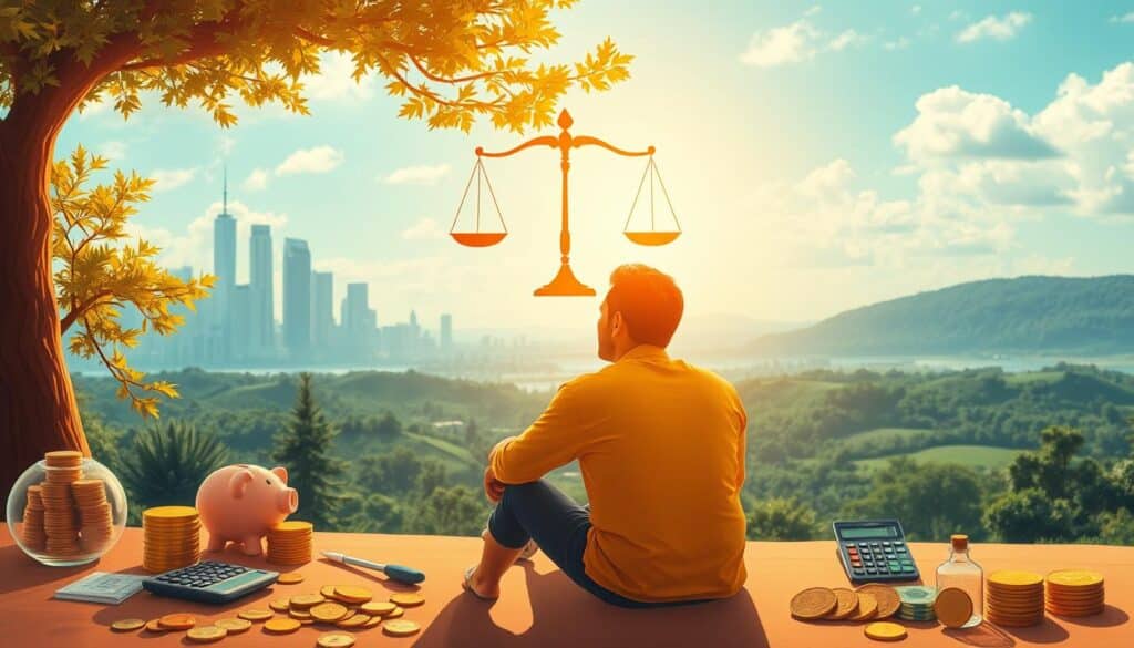 A vibrant illustration of personal finance psychology and the habits that can lead to wealth. In the foreground, a person sits thoughtfully, surrounded by symbols of financial health - coins, piggy banks, and a calculator. The middle ground features a visualization of the decision-making process, with scales balancing expenditures and savings. In the background, a serene yet prosperous landscape, with skyscrapers and lush greenery, represents the long-term rewards of sound financial practices. Warm, natural lighting casts an introspective glow, inviting the viewer to explore the intricacies of personal finance and the mindset required for financial success.