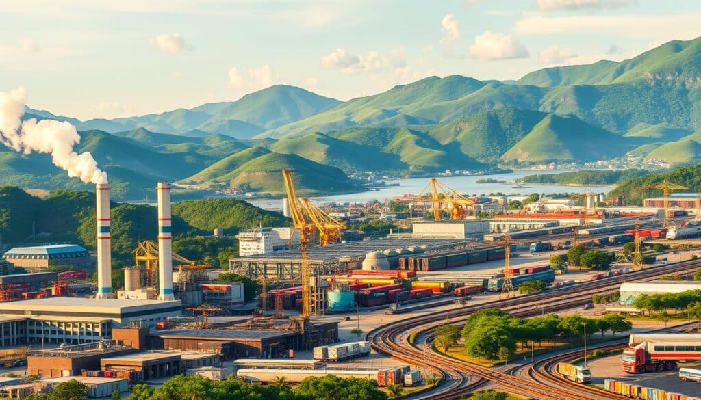 A vibrant industrial landscape depicting Thailand's key economic sectors. In the foreground, towering factories and warehouses with sleek architectural designs, their smokestacks billowing white vapor against a clear sky. In the middle ground, bustling transportation networks with cargo ships, trains, and trucks moving goods efficiently. The background features lush green hills and rivers, symbolizing the integration of industry and natural resources. Warm, golden lighting casts a productive, prosperous atmosphere, highlighting Thailand's thriving manufacturing, agriculture, and logistics industries - the sturdy foundation of its modern economy.