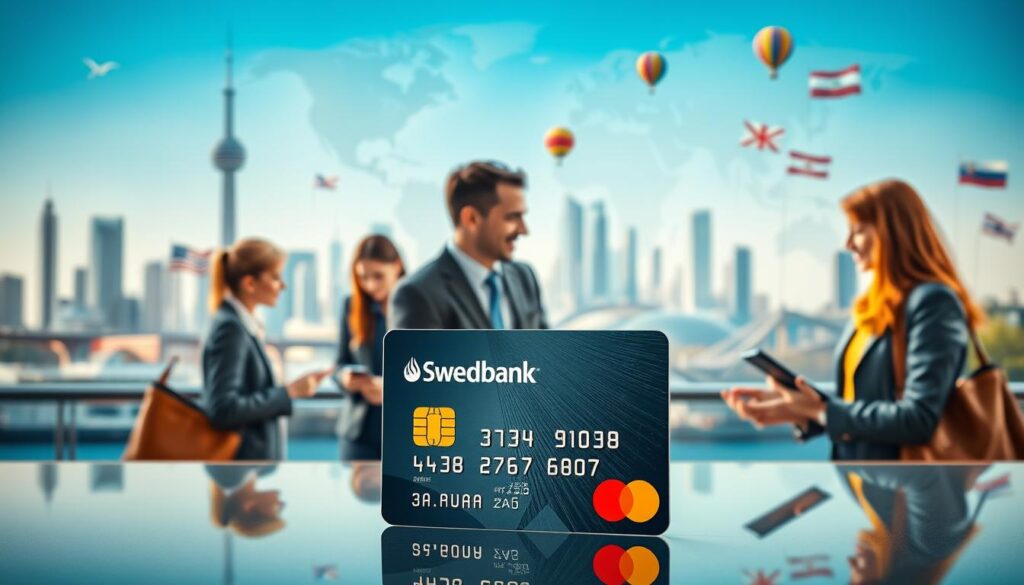 A vibrant international banking scene, with a Swedbank Mastercard prominently displayed in the foreground. In the middle ground, customers engage in seamless foreign transactions, their faces reflecting the ease and confidence of the process. The background depicts a global landscape, with skyscrapers, bridges, and the flags of various nations, symbolizing the reach and connectivity of Swedbank's international services. The lighting is warm and inviting, creating a sense of accessibility and reliability. The composition is balanced, with a strong focal point on the Mastercard, and a sense of depth and movement throughout the image.