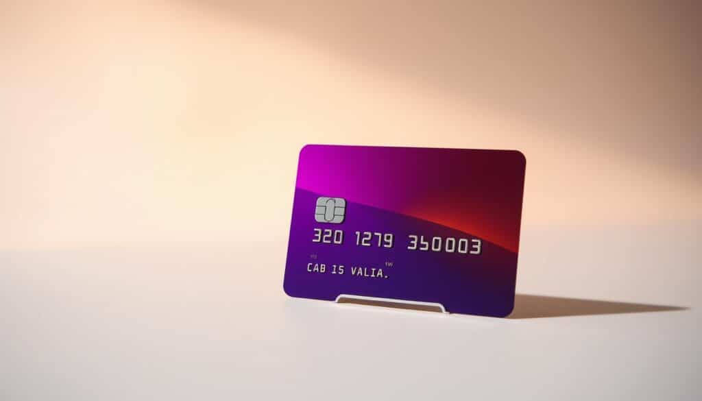 A vibrant, inviting credit card offer card prominently displayed on a clean, minimal background. The card itself is showcased in the foreground, with a sleek and modern design featuring an elegant metallic accent color and a subtle textured pattern. The middle ground contains a soft, warm lighting source, casting a gentle glow and creating a sense of premium quality. The background is a simple, off-white or light gray tone, allowing the card to be the central focus. The overall composition conveys a sense of exclusivity, sophistication, and the promise of valuable rewards and benefits for the cardholder.