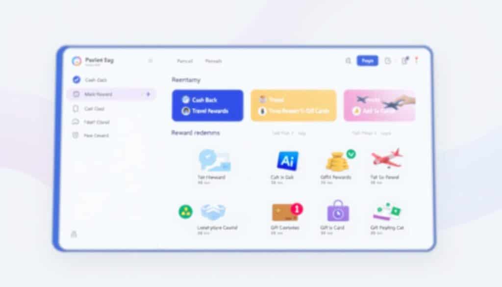 A vibrant, modern financial dashboard displaying various reward redemption options. In the foreground, a clean user interface with sleek icons and intuitive controls. The middle ground showcases a range of redemption choices, including cash back, travel rewards, and gift cards, all presented in a visually appealing and organized manner. The background features a subtle gradient or pattern, providing a sense of depth and sophistication. The overall mood is one of efficiency, user-friendliness, and financial empowerment, conveying the flexibility and convenience of the reward redemption process.