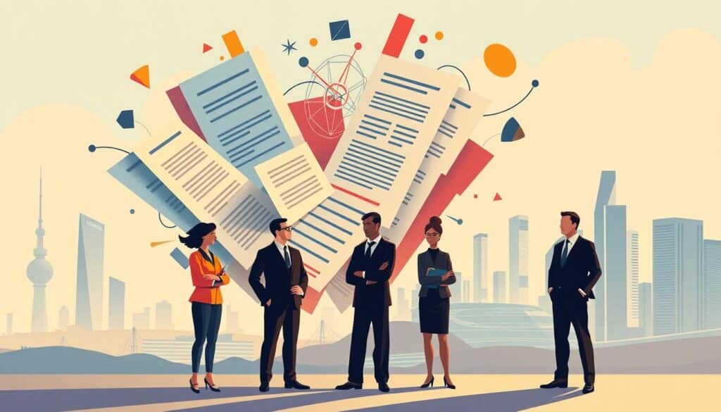 A vibrant, modernist illustration depicting the concept of "promjene poreznog zakonodavstva" (changes in tax legislation). In the foreground, stylized figures representing taxpayers and government officials stand in thoughtful dialogue, their expressions conveying both concern and anticipation. The middle ground features an abstract representation of tax forms, ledgers, and financial documents, with intricate geometric patterns and bold color palettes. In the background, a dynamic cityscape with sleek skyscrapers and infrastructure symbolizes the broader economic and social implications of tax policy changes. The scene is illuminated by warm, diffused lighting, creating a sense of contemplation and progression. The overall aesthetic blends elements of minimalism, cubism, and constructivism to capture the complex and evolving nature of tax legislation.