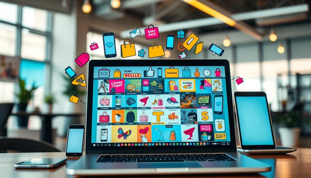 A vibrant online marketplace, showcasing an array of enticing deals and discounts. In the foreground, a laptop screen displays a diverse selection of products, their prices slashed for a limited time. Surrounding it, a collage of smartphone screens, tablets, and other digital devices, all highlighting the convenience of finding the best offers with just a few taps. The middle ground features various retail icons, from shopping bags to discount tags, creating a sense of excitement and anticipation. In the background, a sleek and modern office setting, with clean lines and minimalist decor, suggesting the effortless integration of online shopping into our daily lives. Warm, diffused lighting sets an inviting atmosphere, drawing the viewer in to explore the boundless possibilities of discovering the most advantageous deals. A vibrant online marketplace, showcasing an array of enticing deals and discounts. In the foreground, a laptop screen displays a diverse selection of products, their prices slashed for a limited time. Surrounding it, a collage of smartphone screens, tablets, and other digital devices, all highlighting the convenience of finding the best offers with just a few taps. The middle ground features various retail icons, from shopping bags to discount tags, creating a sense of excitement and anticipation. In the background, a sleek and modern office setting, with clean lines and minimalist decor, suggesting the effortless integration of online shopping into our daily lives. Warm, diffused lighting sets an inviting atmosphere, drawing the viewer in to explore the boundless possibilities of discovering the most advantageous deals.