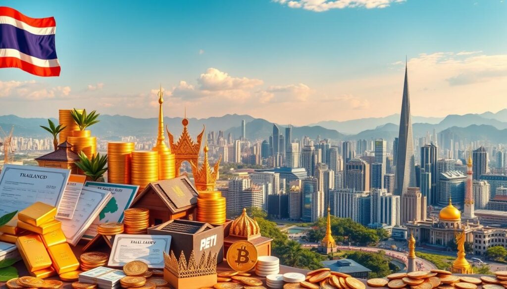 A vibrant, panoramic scene depicting the most popular investment options in Thailand. The foreground showcases a diverse portfolio of financial instruments, including gold bars, stock certificates, real estate models, and cryptocurrency symbols, all arranged in a visually striking composition. The middle ground features a bustling cityscape with modern skyscrapers and iconic landmarks, suggesting the economic landscape of the country. The background is dominated by a serene, mountainous landscape, evoking a sense of stability and growth. The lighting is warm and inviting, creating a mood of prosperity and opportunity. The entire scene is captured through a wide-angle lens, providing a comprehensive overview of the investment landscape in Thailand.