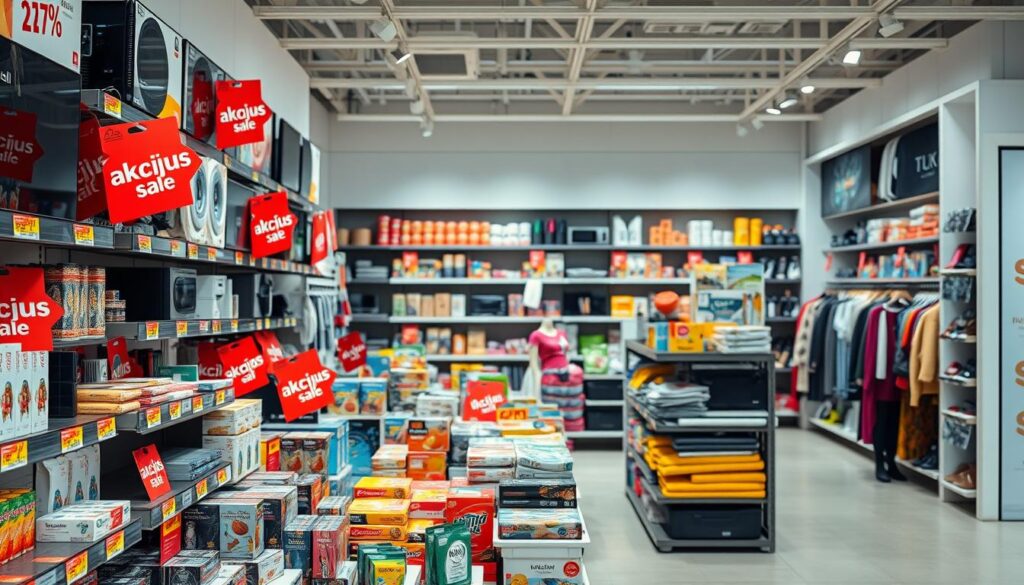 A vibrant retail display showcasing various discounted products, arranged in a visually appealing manner. The foreground features a diverse assortment of consumer goods, including electronics, home appliances, and fashion items, all prominently marked with striking "akcijos" (sale) tags. The middle ground depicts neatly organized shelves, conveying a sense of order and abundance. The background setting is a well-lit, modern retail environment, with clean lines and a minimalist design aesthetic, creating an atmosphere of professionalism and accessibility. The overall composition emphasizes the variety, value, and accessibility of the promotional offerings, inviting the viewer to explore the "populiariausios kategorijos su akcijomis" (most popular categories with discounts).
