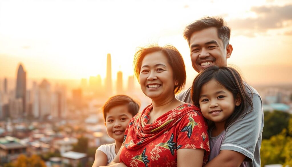 A vibrant scene depicting the essence of insurance in the Philippines. In the foreground, a family stands together, their expressions conveying a sense of security and protection. The middle ground showcases a bustling city skyline, representing the dynamic economic landscape. In the background, a warm, golden-hued sunset casts a gentle glow, evoking a feeling of prosperity and well-being. The lighting is soft and natural, capturing the sense of trust and reliability associated with insurance services. The overall composition is balanced and inviting, reflecting the importance of financial safeguards for the Filipino people.