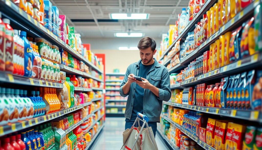 A vibrant scene of a person carefully examining various grocery items, scrutinizing prices and making mindful purchasing decisions. The foreground depicts a well-lit supermarket aisle with neatly-stacked shelves filled with everyday household products. The shopper, dressed in casual attire, stands in the center, intently comparing the costs of similar items, evaluating options to find the best value. The middle ground showcases a wide array of colorful packaging, creating a visually engaging atmosphere. In the background, a sense of serenity and organization pervades the store, with clean, bright lighting and a soothing color palette, reflecting the principles of responsible financial management.