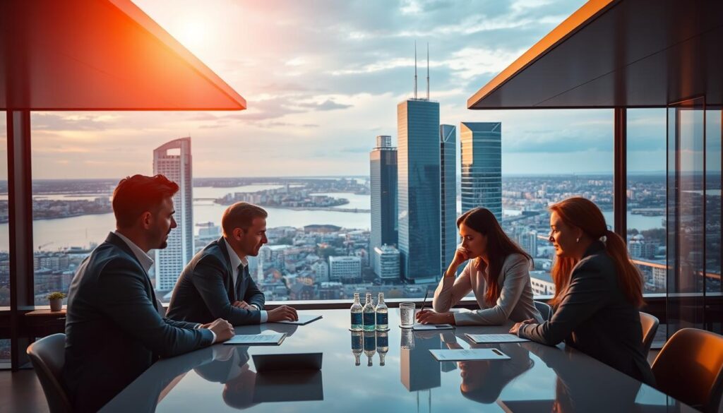 A vibrant scene of successful wealth management in Estonia, set against the backdrop of a modern city skyline. In the foreground, a group of well-dressed professionals gathered around a table, deep in discussion, reflecting the thriving local financial industry. The middle ground showcases gleaming high-rise buildings, symbolizing the economic prosperity. The background features a picturesque Baltic coastline, hinting at the idyllic natural environment. Warm lighting casts a soft, inviting glow, creating an atmosphere of optimism and progress. The composition emphasizes the harmonious blend of business, technology, and natural beauty, capturing the essence of Estonia's flourishing wealth management sector.