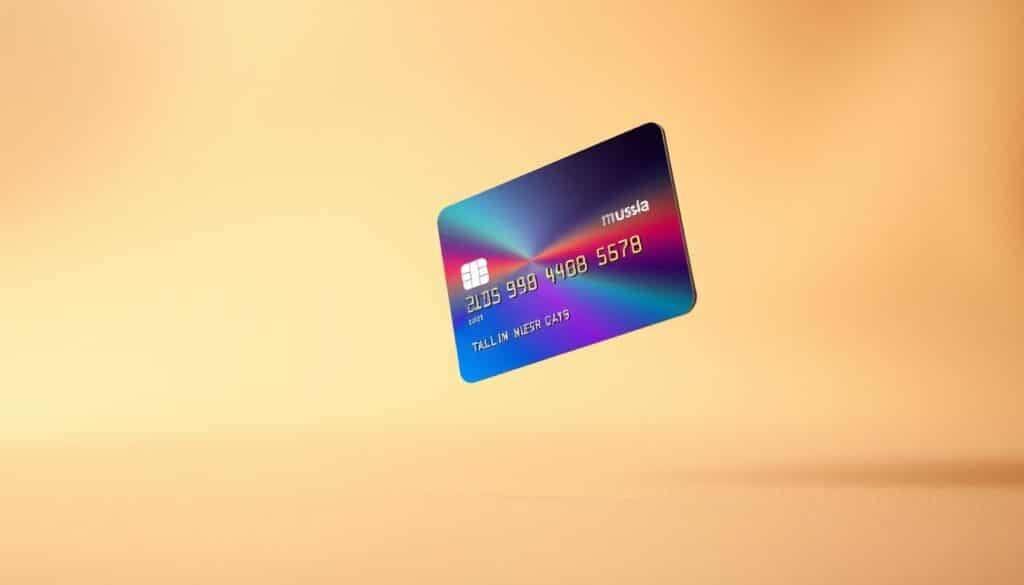 A vibrant, sleek credit card floating against a soft, elegant background. The card's surface reflects a warm, inviting light, its metallic edges catching the shimmer. In the foreground, the card is captured at a dynamic angle, emphasizing its modern, sophisticated design. The middle ground features a blurred, out-of-focus cityscape, hinting at the urban setting where this card would be used for seamless shopping and dining experiences. The background is a subtly textured, neutral palette, creating a sense of refinement and minimalism. The overall composition conveys a premium, aspirational feel, perfectly suited to showcase the best credit card offers for shopping and dining in the Philippines.