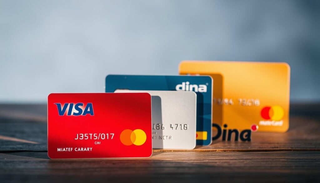 A vibrant still life featuring the most popular credit cards used in Serbia. Prominent in the foreground are the sleek, metallic designs of the Visa, Mastercard, and Dina Card, their logos gleaming under warm, directional lighting. In the middle ground, the cards are arranged atop a textured, wooden surface, casting subtle shadows that add depth and dimension. The background is a soft, blurred gradient of muted blues and grays, creating a sense of sophistication and refinement. The overall composition conveys the prestige and ubiquity of these leading Serbian credit card brands. A vibrant still life featuring the most popular credit cards used in Serbia. Prominent in the foreground are the sleek, metallic designs of the Visa, Mastercard, and Dina Card, their logos gleaming under warm, directional lighting. In the middle ground, the cards are arranged atop a textured, wooden surface, casting subtle shadows that add depth and dimension. The background is a soft, blurred gradient of muted blues and grays, creating a sense of sophistication and refinement. The overall composition conveys the prestige and ubiquity of these leading Serbian credit card brands.