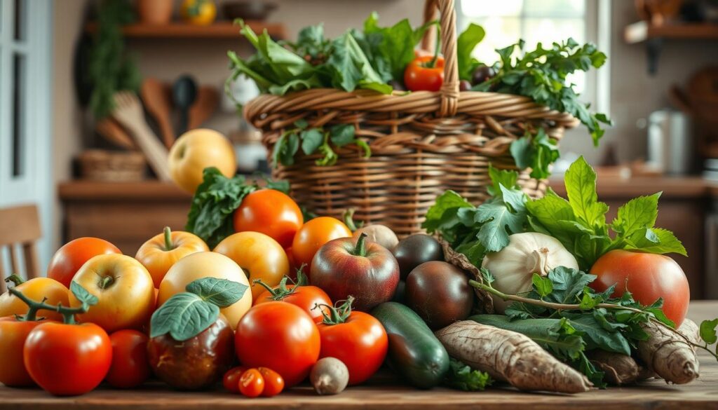 A vibrant still life showcasing a seasonal assortment of fresh produce against a warm, rustic backdrop. In the foreground, an array of colorful fruits and vegetables - crisp apples, juicy tomatoes, earthy root vegetables - artfully arranged on a wooden surface. The middle ground features a woven basket overflowing with seasonal greens, herbs, and other market finds. In the background, a cozy kitchen scene with natural light streaming in, hinting at the delicious meals that could be prepared with these local, in-season ingredients. The overall mood is one of abundance, simplicity, and the joys of cooking with the best that the season has to offer.