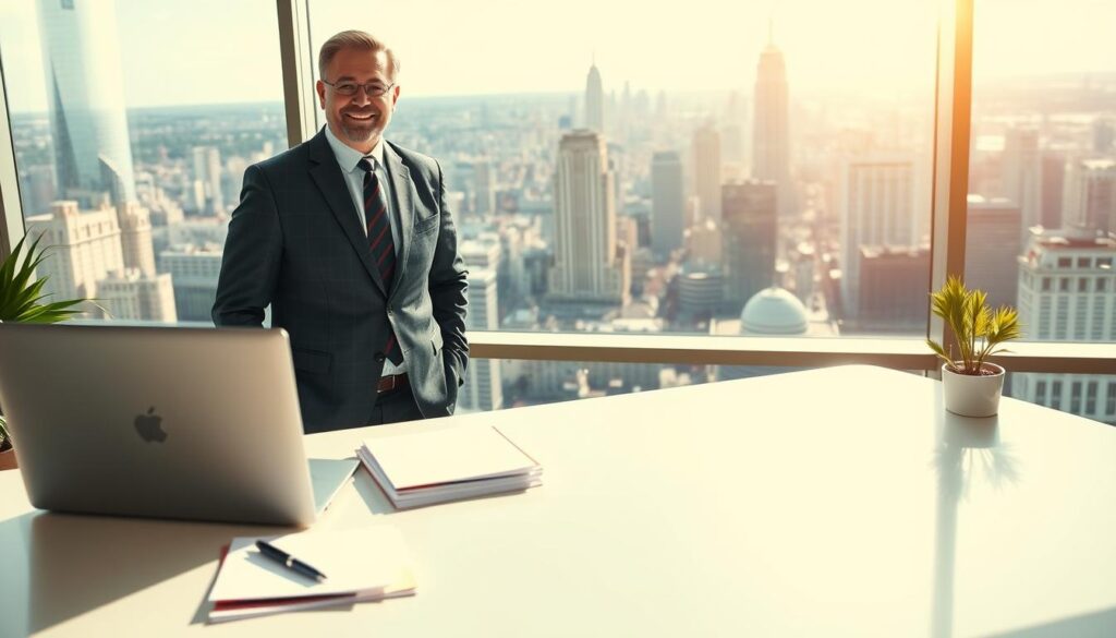 A vibrant, sun-drenched office setting, with a neatly organized desk in the foreground featuring a laptop, pen, and a stack of documents. In the middle ground, a businessman in a well-tailored suit stands confidently, with a warm, approachable expression, symbolizing the successful management of one's credit history. The background showcases a panoramic view of a bustling cityscape, conveying a sense of progress and financial stability. The overall scene radiates an atmosphere of professionalism, diligence, and the rewards of responsible credit management.