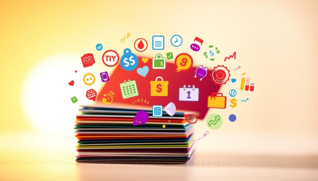 A vibrant, visually striking image showcasing the benefits of credit card promotions and discounts. In the foreground, a stack of credit cards in various colors, reflecting the diverse range of offers available. The middle ground features a dynamic, colorful display of icons and symbols representing different types of promotions, such as cash back, points, and exclusive deals. The background is a soft, blurred gradient, creating a sense of depth and focus on the central elements. The lighting is warm and inviting, lending a sense of excitement and anticipation. The overall composition is balanced and harmonious, conveying the value and convenience of taking advantage of credit card promotions.