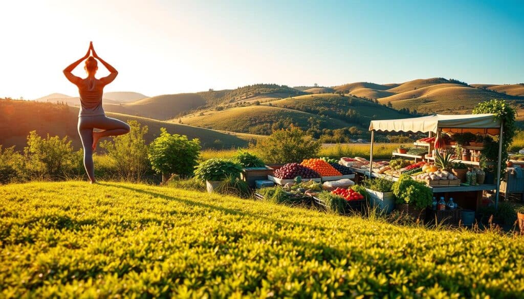 A vibrant, well-balanced lifestyle against a serene backdrop. In the foreground, a person performing yoga on a grassy knoll, their body in a state of peaceful equilibrium. The middle ground features a bountiful farmer's market, overflowing with fresh produce and whole foods. In the background, rolling hills dotted with lush greenery, a clear blue sky overhead. Warm, natural lighting casts a golden glow, emanating a sense of tranquility and vitality. The overall composition conveys the harmony and nourishment that a healthy lifestyle can bring, inspiring a sense of wellness and mindfulness. A vibrant, well-balanced lifestyle against a serene backdrop. In the foreground, a person performing yoga on a grassy knoll, their body in a state of peaceful equilibrium. The middle ground features a bountiful farmer's market, overflowing with fresh produce and whole foods. In the background, rolling hills dotted with lush greenery, a clear blue sky overhead. Warm, natural lighting casts a golden glow, emanating a sense of tranquility and vitality. The overall composition conveys the harmony and nourishment that a healthy lifestyle can bring, inspiring a sense of wellness and mindfulness.