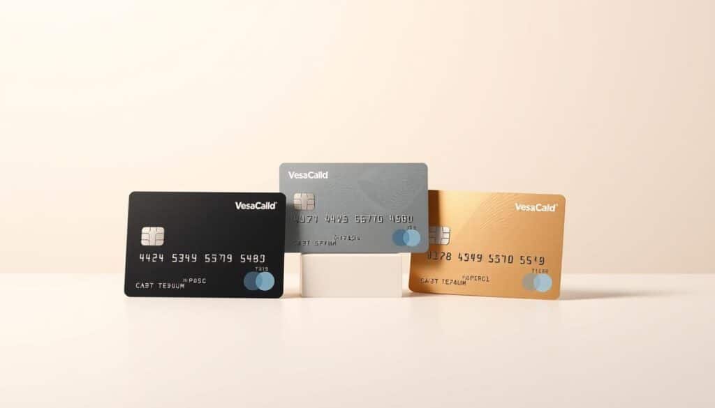 A visually striking comparison of the top credit cards in Bulgaria for 2023. Rendered in a sleek, minimalist style, the image features three credit cards prominently displayed against a backdrop of soft, neutral tones. The cards are positioned in a triangular arrangement, allowing for easy side-by-side comparison. The lighting is soft and diffused, creating a sense of sophistication and elegance. The composition is balanced, with the cards occupying the foreground and the background gently receding, allowing the viewer to focus on the key details. The overall aesthetic is clean, modern, and designed to convey the professionalism and reliability of the financial products being showcased.