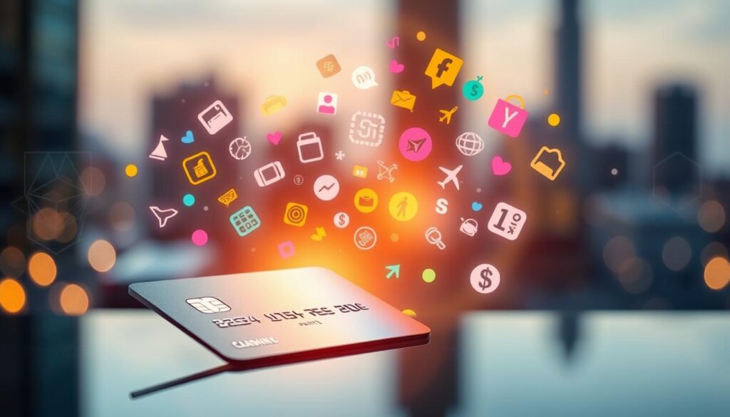 A visually striking rewards program illustration showcasing a diverse array of credit card rewards, including cash back, points, and travel benefits. Prominently displayed in the foreground, a sleek, metallic credit card casts a warm glow, reflecting the various reward icons and symbols floating around it. In the middle ground, a vibrant constellation of icons representing different reward categories - shopping, dining, travel, and more - creates a sense of depth and movement. The background features a soft, blurred cityscape, hinting at the versatility and accessibility of the rewards program. The overall composition conveys a sense of sophistication, convenience, and the tangible value of credit card rewards.