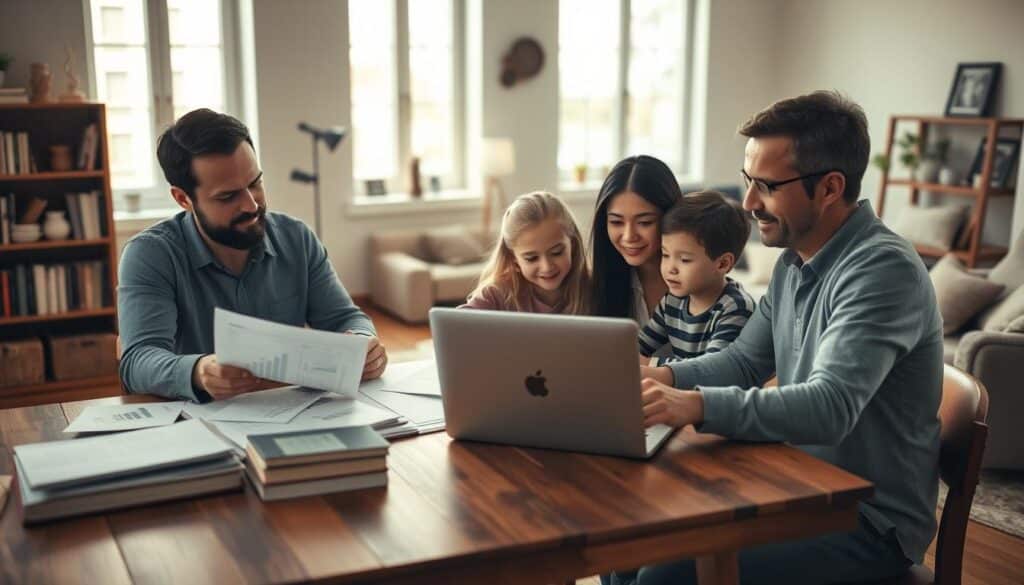 A warm and inviting scene of a modern family thoughtfully managing their finances together. In the foreground, a father, mother, and two children sit around a wooden table, papers and a laptop spread out before them. Muted sunlight filters in through large windows, casting a soft glow on their focused expressions as they review budgets, discuss investment options, and plan for the future. The middle ground features shelves lined with financial books and decorative accents that reflect the family's sense of organization and stability. In the background, a view of a cozy living room with plush furnishings and framed family photos, conveying the idea of a well-rounded, secure household. An atmosphere of collaboration, diligence, and financial responsibility permeates the scene.