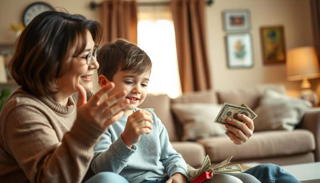 A warm and inviting scene of a parent teaching their child about money management. The foreground shows a caring adult sitting with a young child, gesturing animatedly as they explain financial concepts using real currency. The middle ground depicts a cozy, well-lit living room setting, with comfortable furniture and personal mementos suggesting a nurturing family environment. The background is blurred, allowing the viewer to focus on the intimate educational moment. The lighting is soft and natural, casting a gentle glow that enhances the tender parent-child interaction. The overall mood is one of patient guidance, family togetherness, and the passing down of essential life skills.