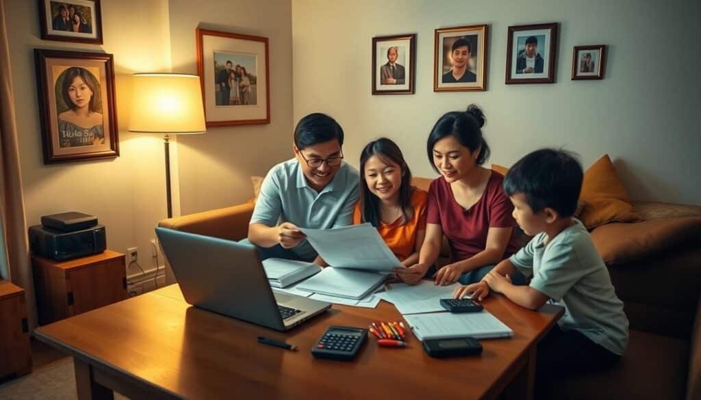 A warm, cozy living room with a family gathered around a wooden table, meticulously reviewing financial documents and discussing household budgeting strategies. Soft, diffused lighting from a floor lamp illuminates their thoughtful expressions, as they work together to plan their financial future. The walls are adorned with framed family photos, conveying a sense of togetherness and financial responsibility. On the table, a laptop, a calculator, and neatly organized papers suggest a methodical approach to managing the family's finances. The scene radiates a sense of financial literacy and a commitment to financial well-being, reflecting the theme of "Pag-unawa sa Pananalapi ng Pamilya". A warm, cozy living room with a family gathered around a wooden table, meticulously reviewing financial documents and discussing household budgeting strategies. Soft, diffused lighting from a floor lamp illuminates their thoughtful expressions, as they work together to plan their financial future. The walls are adorned with framed family photos, conveying a sense of togetherness and financial responsibility. On the table, a laptop, a calculator, and neatly organized papers suggest a methodical approach to managing the family's finances. The scene radiates a sense of financial literacy and a commitment to financial well-being, reflecting the theme of "Pag-unawa sa Pananalapi ng Pamilya".