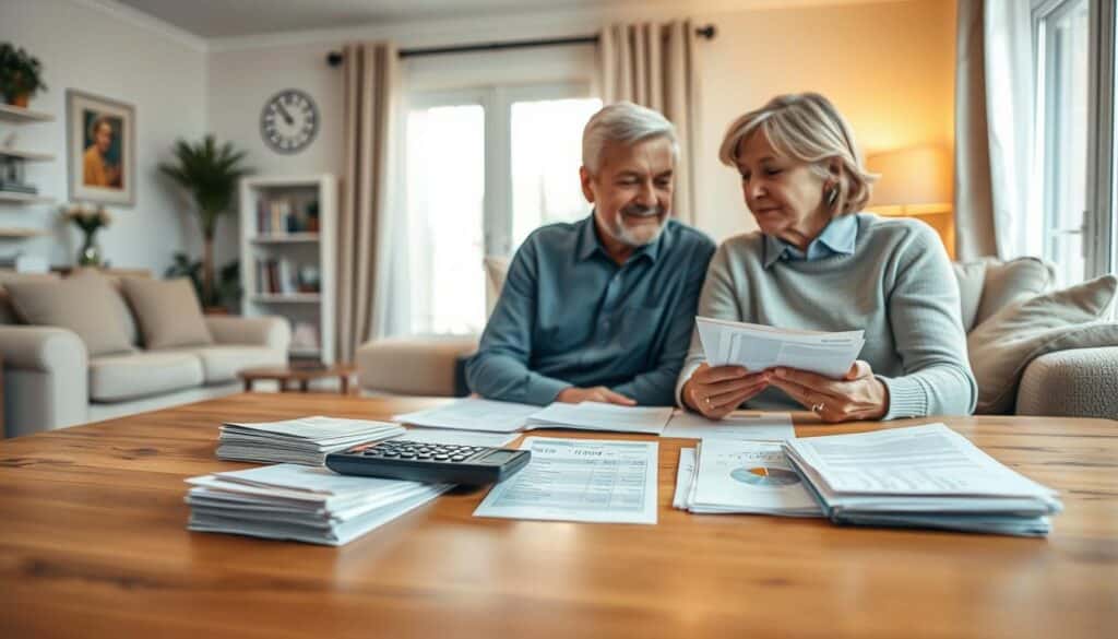 A warm, welcoming household scene depicting a family's budgeting process. In the foreground, a wooden table displays neat stacks of bills, receipts, and a calculator. A middle-aged couple, dressed in casual attire, sits together, engaged in thoughtful discussion as they review their financial records. In the background, a cozy living room with plush furniture and soft lighting creates an atmosphere of domestic tranquility. The overall mood is one of collaborative problem-solving, with the family working together to manage their finances responsibly.