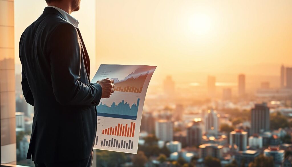 A well-balanced investment strategy, with a detailed financial plan and carefully managed risk. In the foreground, a financial advisor stands, hands clasped, guiding the viewer through a series of investment charts and graphs illuminated by warm, directional lighting. In the middle ground, a diverse portfolio of assets - stocks, bonds, real estate - arranged in a harmonious composition. The background depicts a serene, sunlit cityscape, conveying a sense of stability and long-term growth. The overall mood is one of careful consideration, expertise, and a commitment to maximizing returns while mitigating risks.