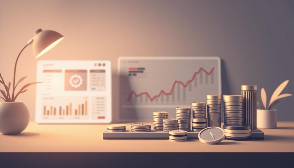 A well-curated investment portfolio, meticulously assembled with a keen eye for balance and diversification. In the foreground, a stylized illustration depicts a series of neatly arranged financial instruments, including stocks, bonds, and other assets, positioned with precision. The middle ground showcases a sleek, minimalist interface, hinting at the digital tools and platforms used to manage the portfolio. The background sets the scene, with a muted, elegant color scheme and subtle geometric patterns, evoking a sense of order and financial acumen. Soft, directional lighting casts a warm glow, creating a sense of thoughtfulness and care in the portfolio's construction. The overall impression is one of a carefully considered, strategic approach to building wealth and securing financial stability.