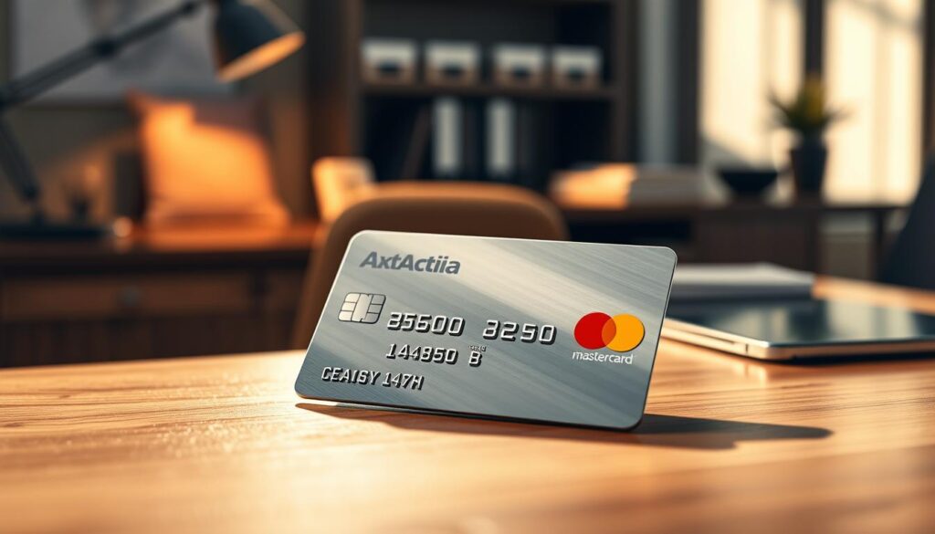 A well-designed Aktia Platinum Mastercard lying on a sophisticated wooden desk, illuminated by warm, directional lighting that casts subtle shadows. In the background, a neatly organized workspace with a minimalist aesthetic, hinting at the card's suitability for various professional and personal financial needs. The card's sleek, metallic surface reflects the light, conveying a sense of premium quality and exclusivity. The composition suggests the card's versatility, appealing to a diverse range of users, from young professionals to established business owners.